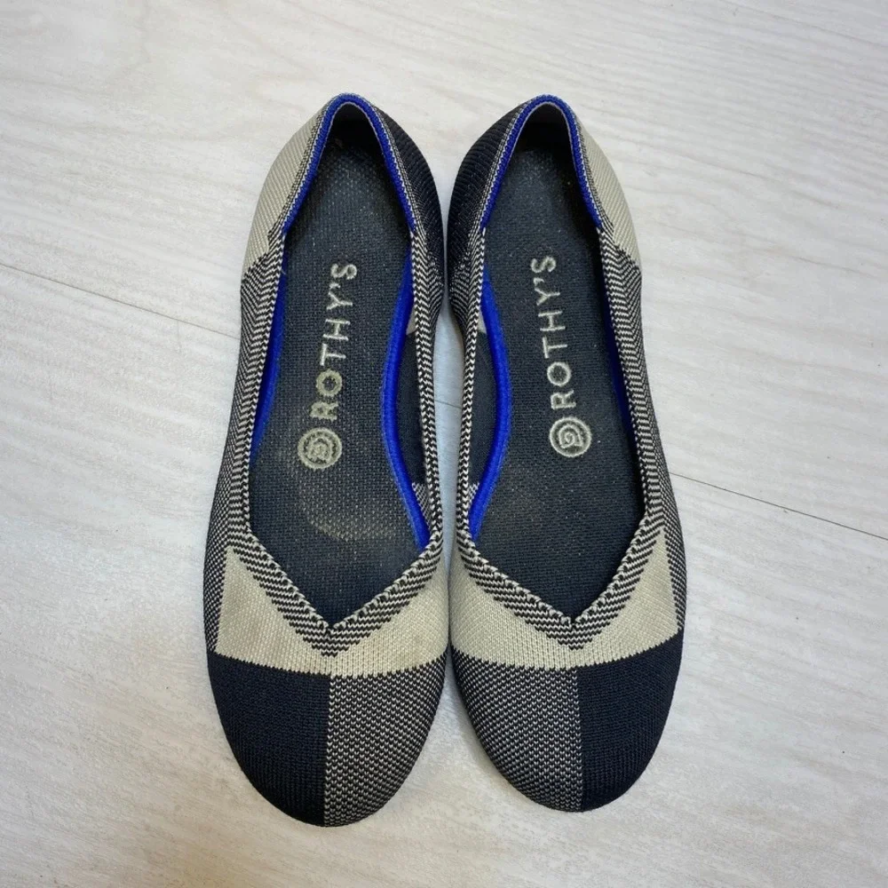 Rothys The Flat Navy Cream Colorblock Round Toe Knit Shoes Womens Size‎ 8
